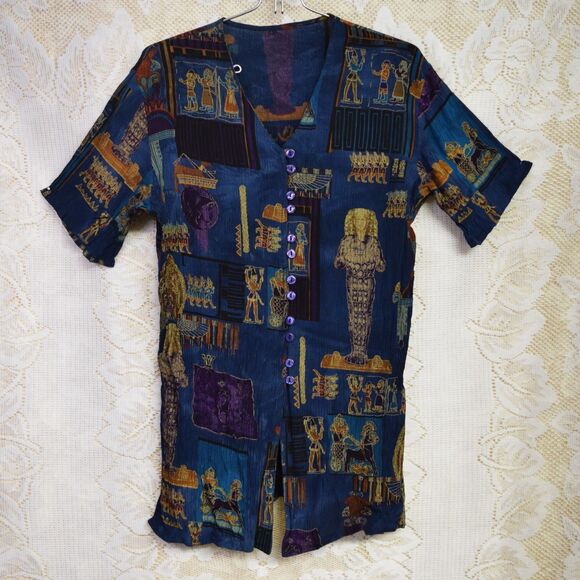 Peker Collection Tops - VTG 90s Womens Sz Sm Silk Blend Peker Collection Egyptian History Sarcophagus